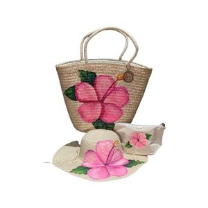 Floral Hand Painted Beach Bag with Matching Hat & Makeup Bag !
